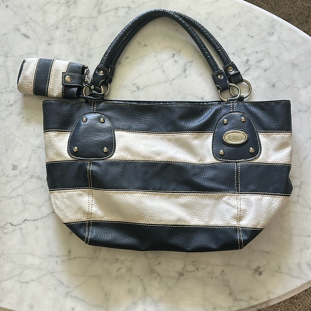 Navy and white striped purse.